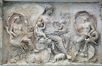 Three goddesses on a panel of the Augustan Ara Pacis, consecrated in 9 BC; the iconography is open to multiple interpretations