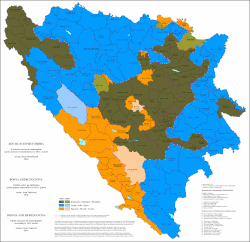 Ethnic structure of Bosnia and Herzegovina by municipalities in 2013, Green for Bosniaks, Orange for Croats and Blue for Serbs