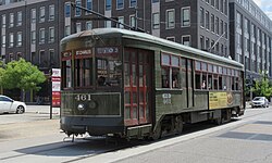 457 series streetcar on the line, a wheelchair lift is located behind the center door