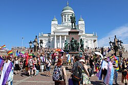 People gathering at the Senate Square, Helsinki, before the 2022 Helsinki Pride parade started