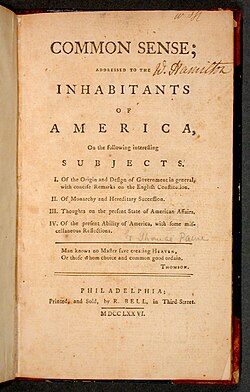 The US motto Novus ordo seclorum, meaning "A New Age Now Begins", is paraphrased from Thomas Paine's Common Sense, published January 10, 1776. "We have it in our power to begin the world over again", Paine wrote in it.[412]