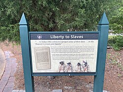 Memorial to Lord Dunmore's Ethiopian Regiment of Black Loyalists who wore clothing inscribed with the words "Liberty to Slaves"