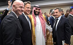 Sarkozy with Mohammad bin Salman, Gianni Infantino and Juan Carlos Varela at the FIFA World Cup in Russia, 14 June 2018