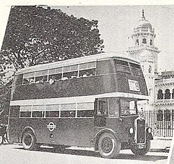 A picture of a doubledecker bus in Hyderabad in the 1940s. Bus services were introduced in Hyderabad by 1932