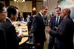 Zuma speaks with Barack Obama and David Cameron at a G8 African Outreach meeting in 2010.