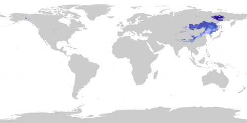 Regions where the Monsoon-influenced continental climates (Dwa, Dwb, Dwc, Dwd) are found as of 1991-2020, using a threshold of −3 °C (27 °F) for the coldest month. Dwa Dwb Dwc Dwd