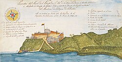 Drawing of the fortress of pirate Louis Michel Aury by Louis Pérou de Lacroix (1821)
