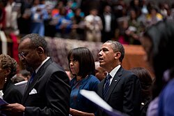 President Barack Obama and First Lady Michelle Obama attend a church service at Metropolitan African Methodist Episcopal Church in Washington, D.C., on January 20, 2013.[30]