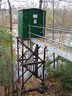 A USGS gauging station on the Scioto River below O'Shaughnessy Dam near Dublin, Ohio