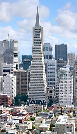 The Transamerica Pyramid, built in 1972, characterized the Manhattanization of the city's skyline in the 1970–80s.