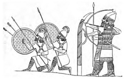 Line-drawing of a Neo-Assyrian relief showing soldiers forming a phalanx