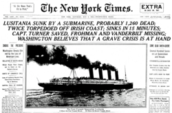 The famous front page / lead story of the American influential "newspaper-of-record" of The New York Times on May 8, 1915 edition, titled "Nation's Course in Doubt", addressing the serious implications of the recent sinking of R.M.S. Lusitania[3]
