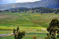 The Inca road bordering the Titicaca lake seen from the mirador of Chucuito, Peru.