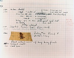 The actual first computer bug, a moth found trapped on a relay of the Harvard Mark II computer
