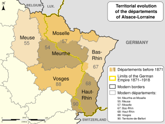 French map with shading showing départements before 1870 with black lines after 1871[a]
