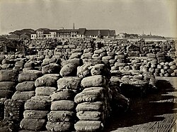 Cotton bales at the port in Bombay, India, 1860s