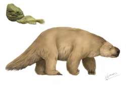 Restoration of Mylodon darwini with an excrement and skin fragment.
