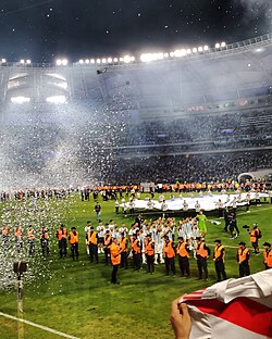 The Argentina national team celebrating their World Cup victory during a friendly in their home country