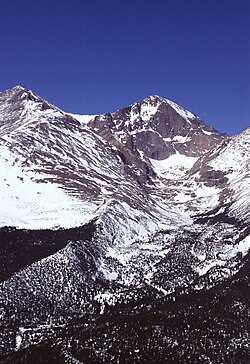 Snowpack accumulation at 14,255 ft (4,345 m) on Longs Peak in Rocky Mountain National Park