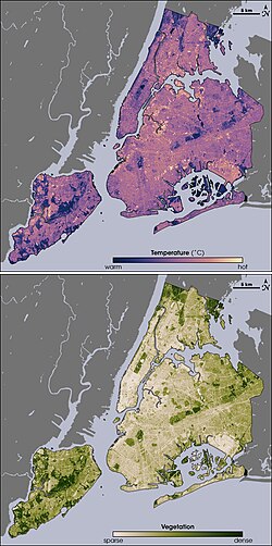 Thermal (top) and vegetation (bottom) locations around New York City via infrared satellite imagery. A comparison of the images shows that where vegetation is dense, temperatures are lower.