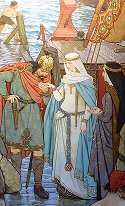 Malcolm III greeting St Margaret upon her arrival in Scotland; detail of a mural by Victorian era artist William Hole