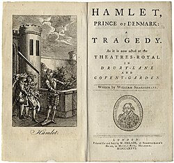 Title page and frontispiece for Hamlet, Prince of Denmark: A Tragedy. As it is now acted at the Theatres-Royal in Drury-Lane and Covent-Garden. London, 1776