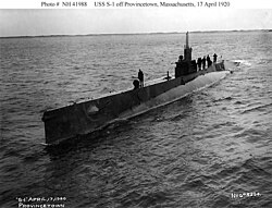USS S-1 off Provincetown, Massachusetts, on 17 April 1920, while running sea trials