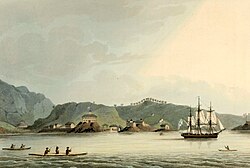 1814 artwork depicting the Russian warship Neva and the Russian settlement of St. Paul's Harbor (present-day Kodiak town), Kodiak Island