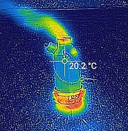 Thermal image of a newly lit Ghillie kettle. The plume of hot air resulting from the convection current is visible.