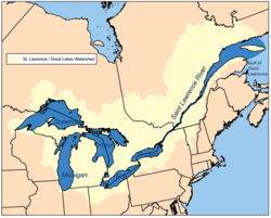 Map of the Saint Lawrence River/Great Lakes Watershed in North America. Its drainage area includes the Great Lakes, the world's largest system of freshwater lakes. The basin covers nearly all of Michigan.