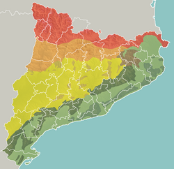 Geomorphologic map of Catalonia: Pyrenees Pre-Pyrenees Catalan Central Depression Smaller mountain ranges of the Central Depression Catalan Transversal Range Catalan Pre-Coastal Range Catalan Coastal Range Catalan Coastal Depression and other coastal and pre-coastal plains