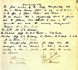 Act of foundation of the "River Plate Rugby Union", 10 April 1899