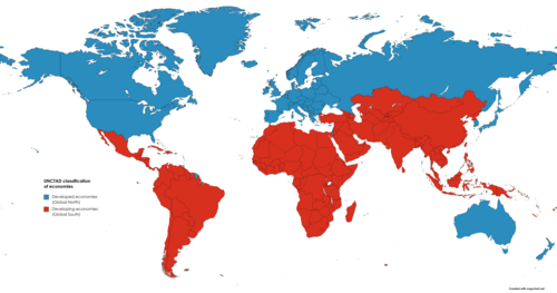 Economic classification of the world's countries and territories by the UNCTAD in 2023: "North" refers to the developed economies, highlighted in blue; and "South" to the developing and least developed economies, highlighted in red. UNCTAD notes that "the designations "developing" and "developed" are intended for statistical convenience and do not necessarily express a judgement about the stage reached by a particular economy in the development process".[48][49][50]