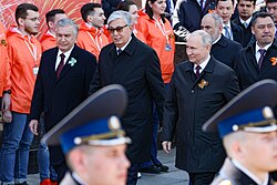 President Japarov (right) with Vladimir Putin and other post-Soviet leaders at the 2023 Moscow Victory Day Parade[99]