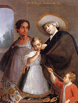 Castas painting depicting Spaniard and mulatta spouse with their morisca daughter by Miguel Cabrera, 1763