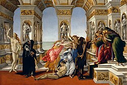 Sandro Botticelli, Calumny of Apelles (c. 1494–95), with 8 personification figures: (from left) Hope, Repentance, Perfidy, innocent victim, Calumny, Fraud, Rancour, Ignorance, the king, Suspicion.