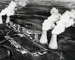 The Calder Hall nuclear power station in the United Kingdom, the world's first commercial nuclear power station