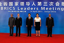 Hu with the leaders of the BRICS countries (from left, Singh, Medvedev, Rousseff and Zuma) in April 2011