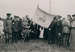 Émile Fayolle Marshal of France, presenting regimental colours to the Royal 22e Régiment on the Plains of Abraham in Quebec City, 1921. This had been done at the request of Maréchal Foch who had been made honorary colonel of the regiment.