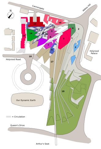 1 Public Entrance 2 Plaza 3 Pond 4 Press Tower 5 Debating Chamber 6 Tower one 7 Tower two 8 Tower three 9 Tower four 10 Tower five, Cannongate Bldg. 11 Main Staircase 12 MSPs' Entrance 13 Lobby 14 Garden 15 Queensberry House 16 MSP building 17 Turf roof 18 Carpark and vehicular entrance 19 Landscaped park
