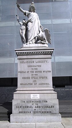 Religious Liberty, a statue by Moses Jacob Ezekiel commissioned for the 1876 Centennial Exposition and dedicated "to the people of the United States"
