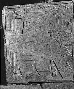 Stone carving from Chavín de Huantar, dated to circa 1000 BC, showing a figure carrying what is thought to be the San Pedro cactus, Echinopsis pachanoi
