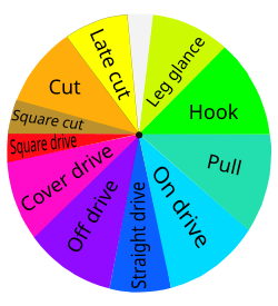 The directions in which a right-handed batter, facing down the page, intends to send the ball when playing various cricketing shots. The diagram for a left-handed batter is a mirror image of this one.