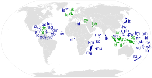 Map of island countries: these states are often grouped geographically with a neighboring continental landmass.