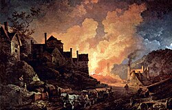 Coalbrookdale by Night, 1801. Blast furnaces light the iron making town of Coalbrookdale.