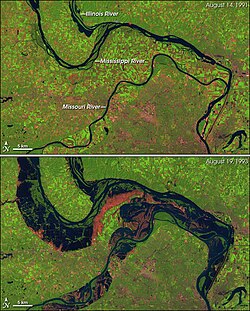 Confluence of the Mississippi, Missouri, and Illinois rivers with normal water levels in 1991, and during a flood in 1993