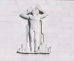 Architectural Aspiration, by Edward Bainbridge, above the main entrance, RIBA, 66 Portland Place, London