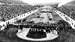 The opening ceremony of the 1896 Summer Olympics in Panathinaiko Stadium in Athens