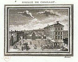 A 1779 engraving of Champs-Élysées seen through the Grille de Chaillot with Jefferson's residence in Paris on the left