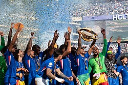Chelsea players lifting the inaugural FIFA Club World Cup title (2025) under the expanded format after beating French side Paris Saint-Germain in the final